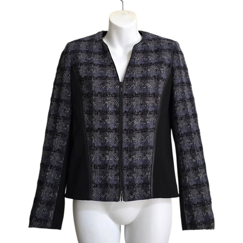 Lafayette 148 Collarless Metallic Houndstooth Wool Blend Zip Front Blazer Sz 0